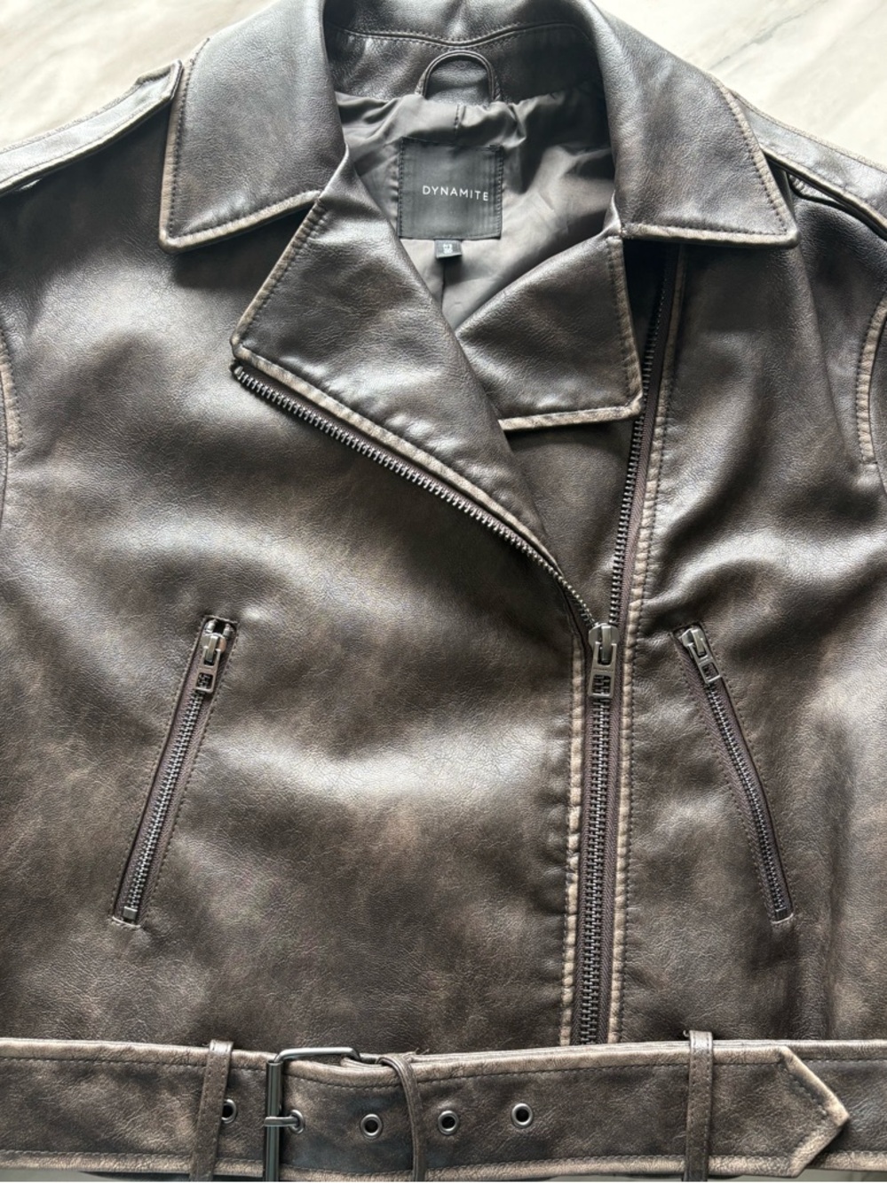 DYNAMITE | Faded Faux Leather Biker Jacket - Picture 3 of 8
